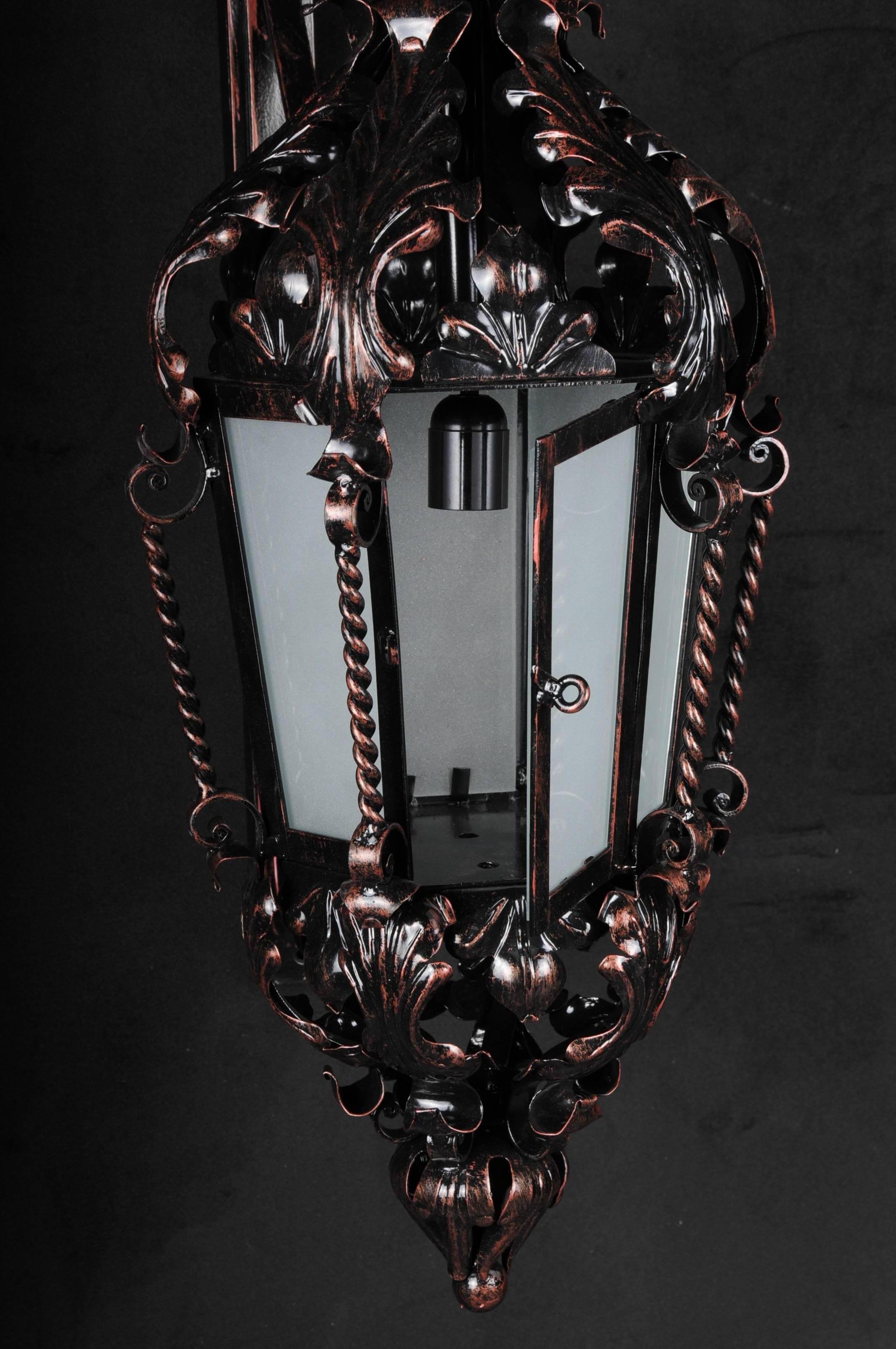Patinated Unique Wrought Iron Hanging Lantern Wall Lamp, Historicism