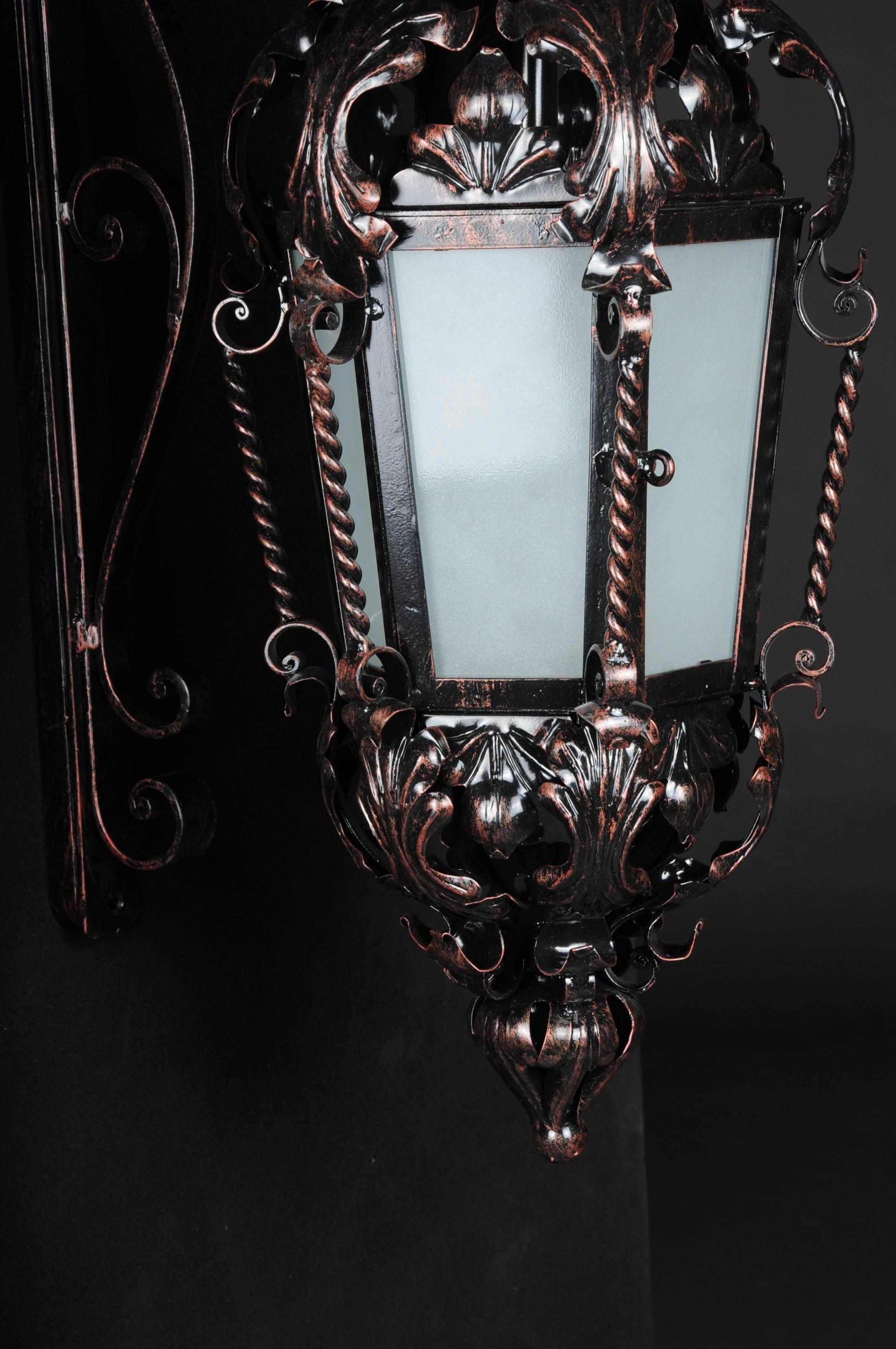 20th Century Unique Wrought Iron Hanging Lantern Wall Lamp, Historicism