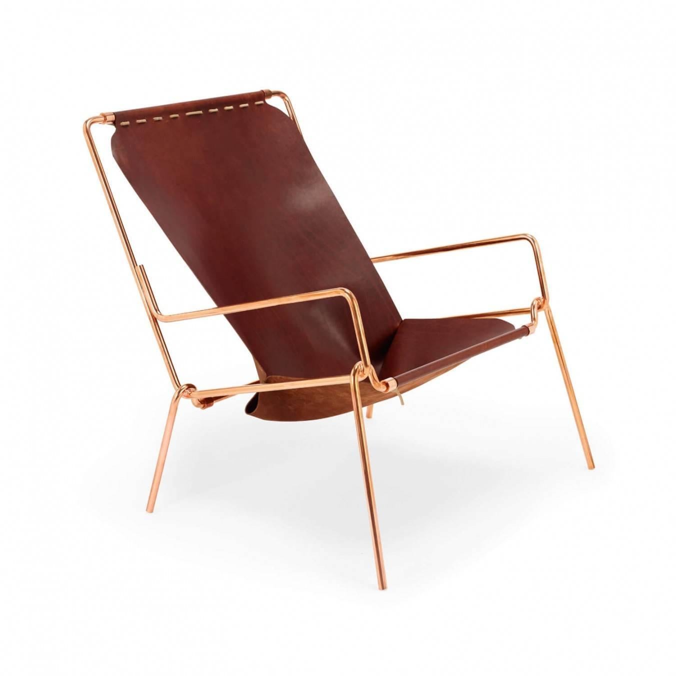 The tubular steel frame is hand bent and finished in Italy and can be disassembled to interchange the leather jackets.
The chair is made out of a single piece of vegetable tanned leather and is handmade in England.
This chair only uses copper
