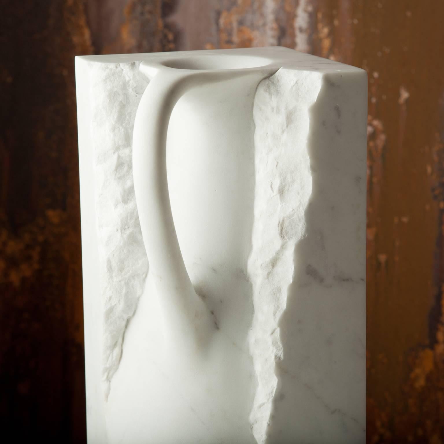 Italian Svelata Large Vase, Contemporary Hand-carved Carrara Marble Vessel For Sale