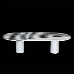 Veiled Side Table Oval, Contemporary Inlaid Black and White Marble