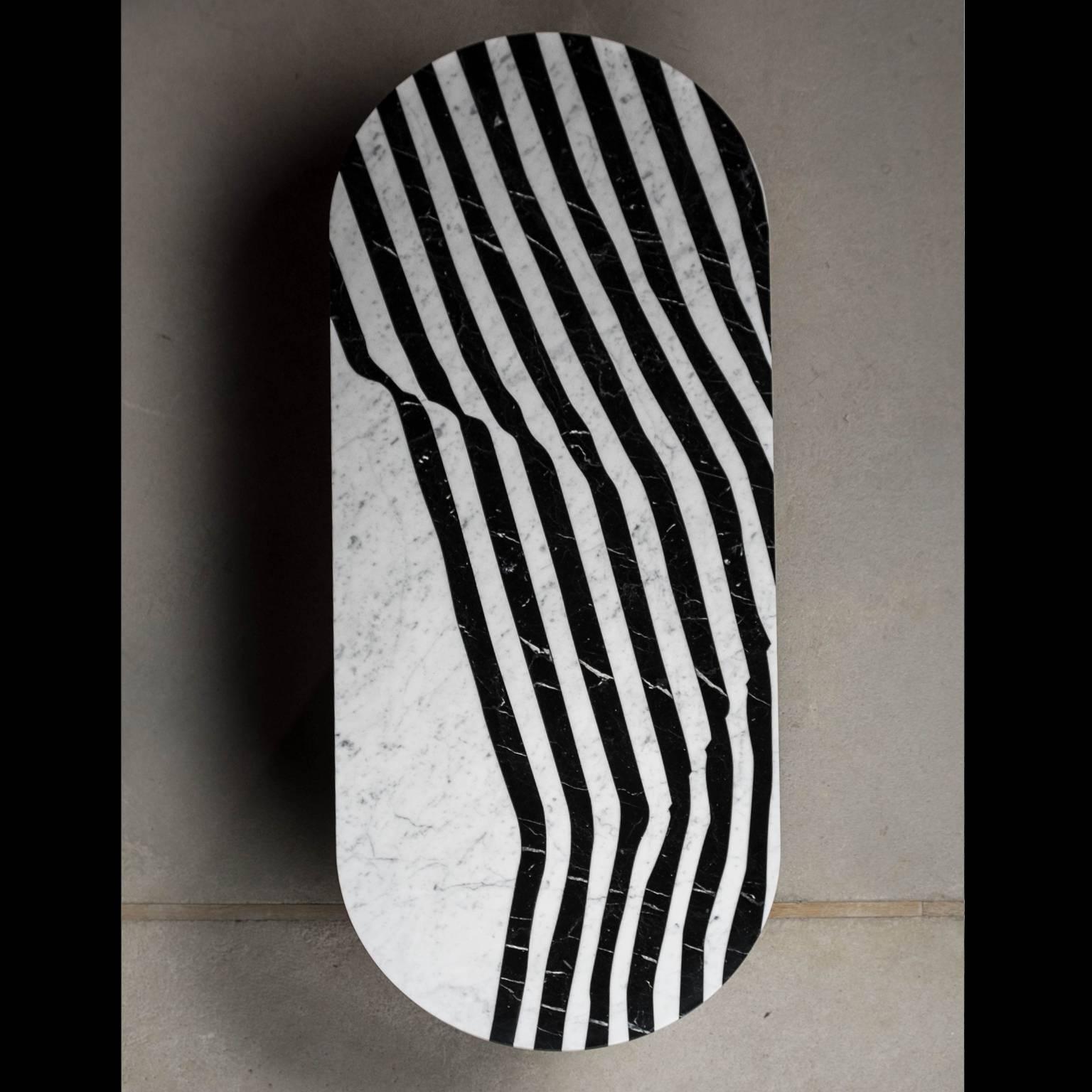 Inlay Veiled Side Table Oval, Contemporary Inlaid Black and White Marble For Sale