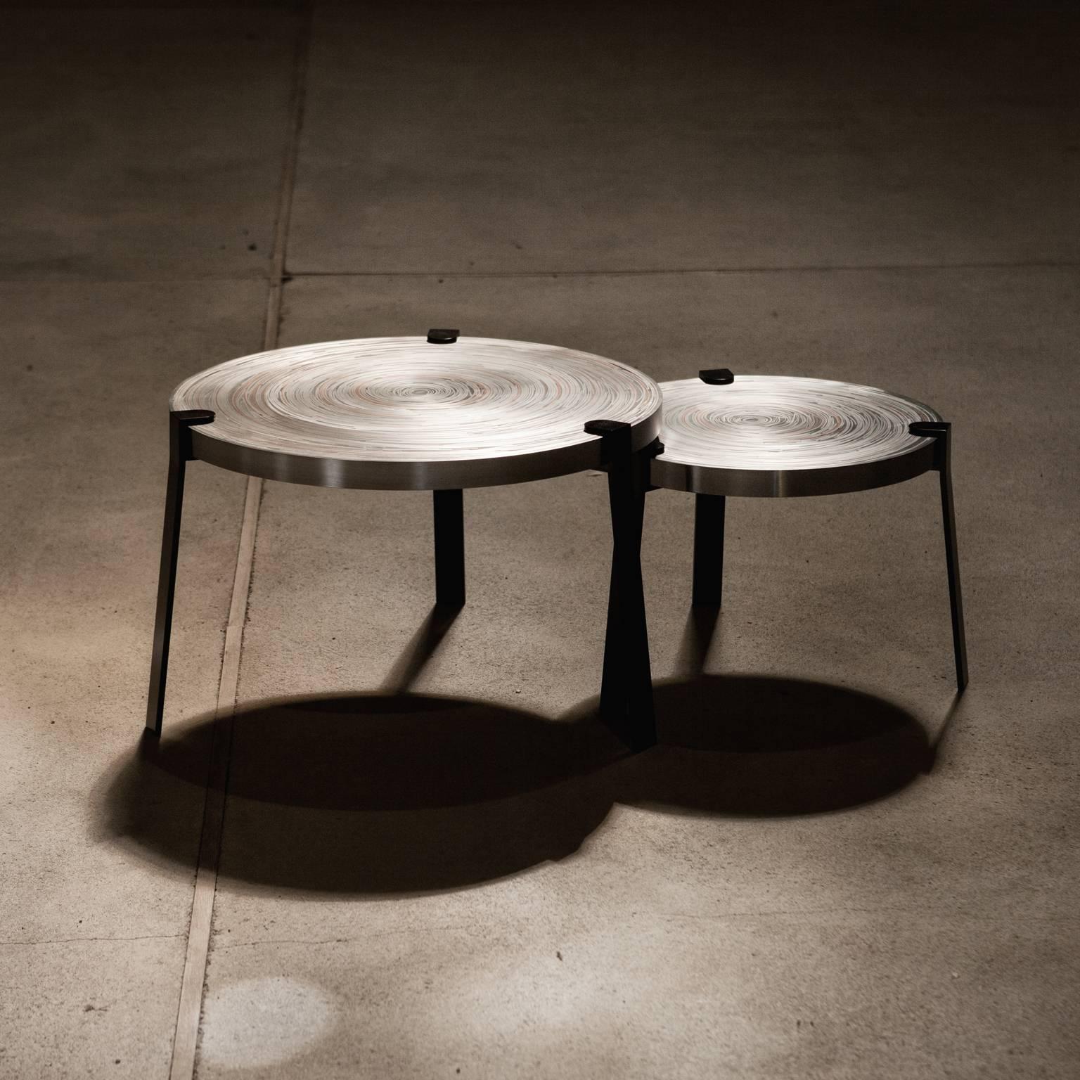 Cast Remetaled Nesting Tables, Contemporary Set of Two Metal Tables For Sale