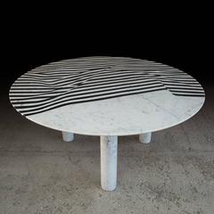 Veiled Round Dining Table, Contemporary Inlaid Black and White Marble
