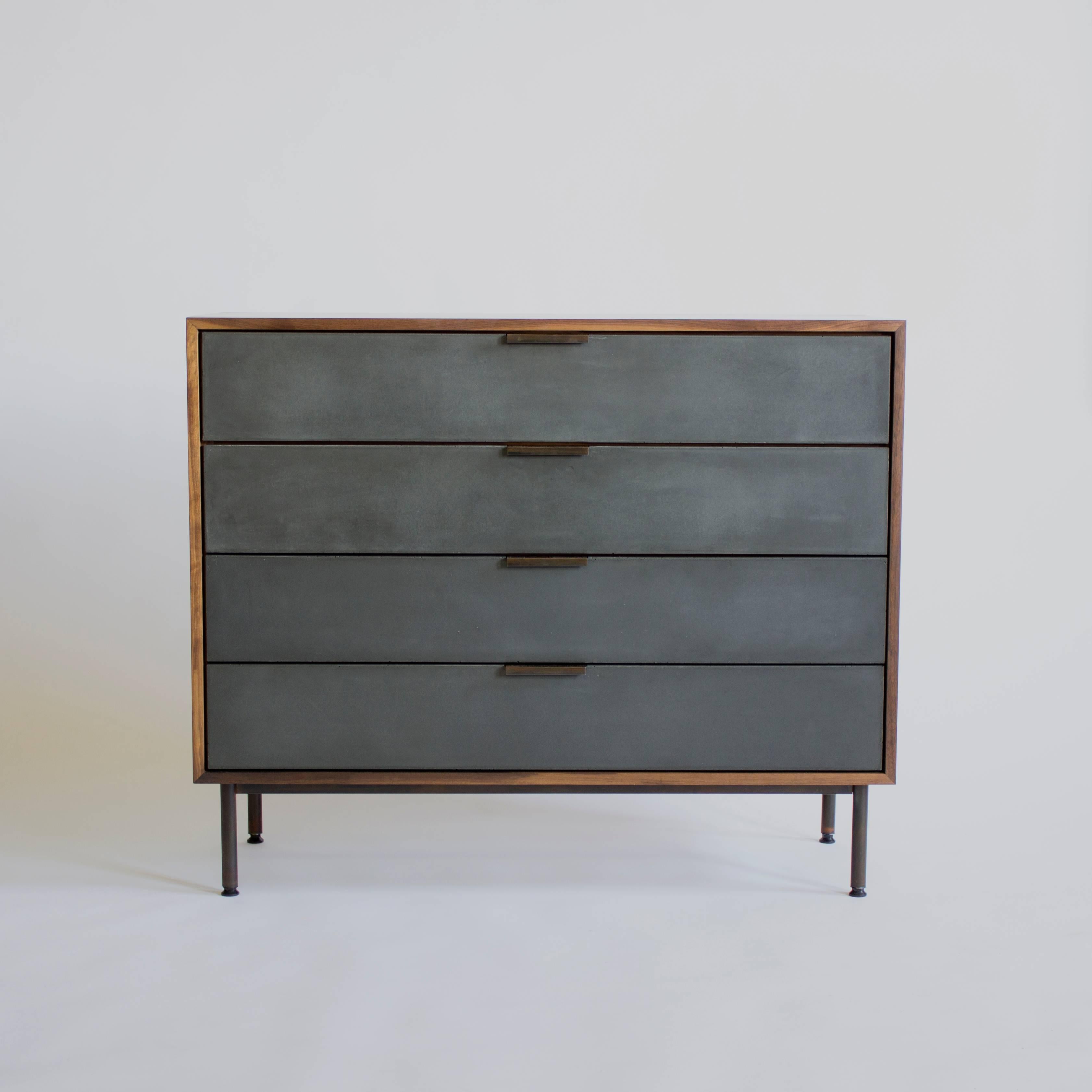 Ira dresser- 
Solid wood case / concrete drawer fronts / solid wood dovetailed drawers / bronzed metal base and pulls

Optional walnut (shown) or maple case.