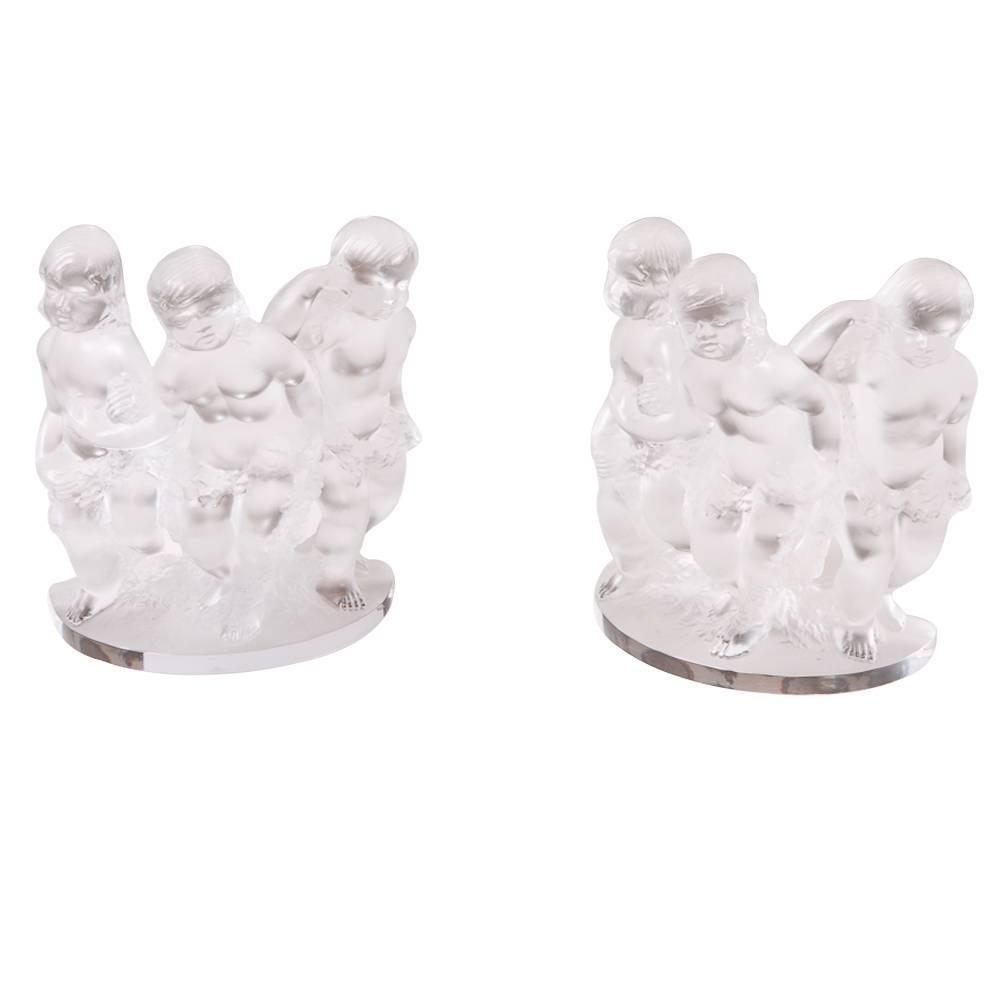 Pair of Rare Lalique Children Angel Bookends For Sale