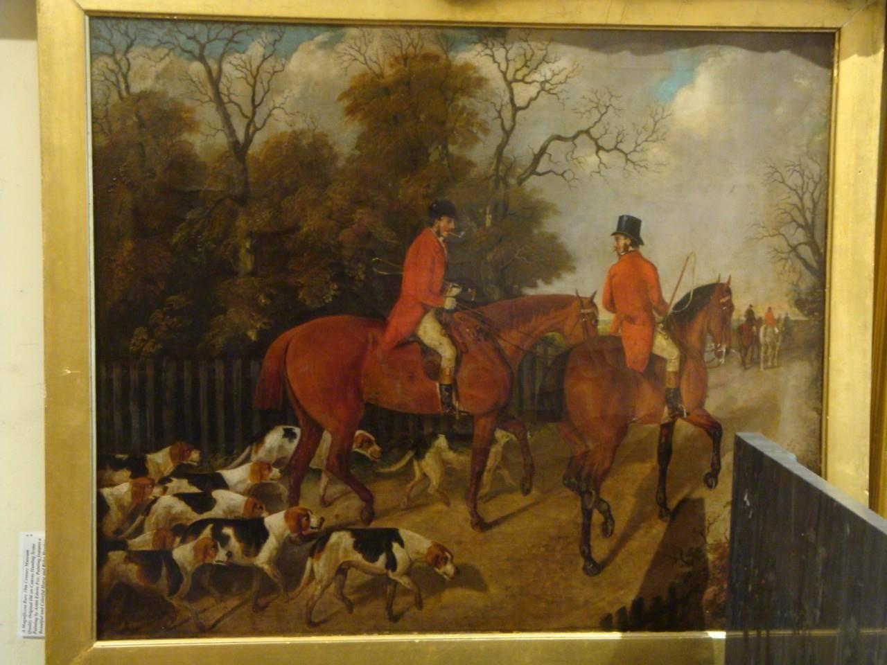 A magnificent pair of rare 19th century Museum English original oil on paintings on canvas of two hunting scenes. Painting features beautiful and colorful horse and rider hunting scenes. Beautifully done with breathtaking detail and original