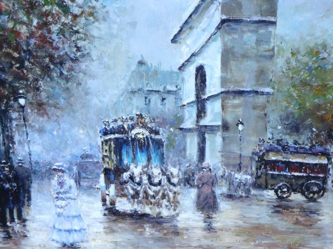 A beautiful extra large deluxe original oil on canvas Parisian street painting. Taken out of an Important Sutton Place Estate of Mary McKinley, a descendant to the late President William McKinley. Signed by Artist Jacques Gaston. Painting features