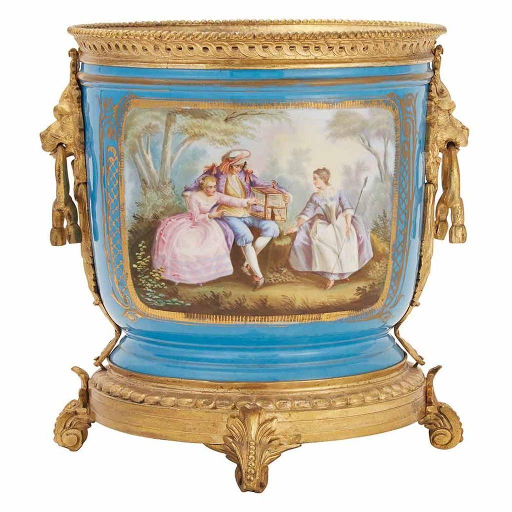 French Large Palacial Size Exquisite Pair of Sevres, France, Porcelain Blue Vases For Sale