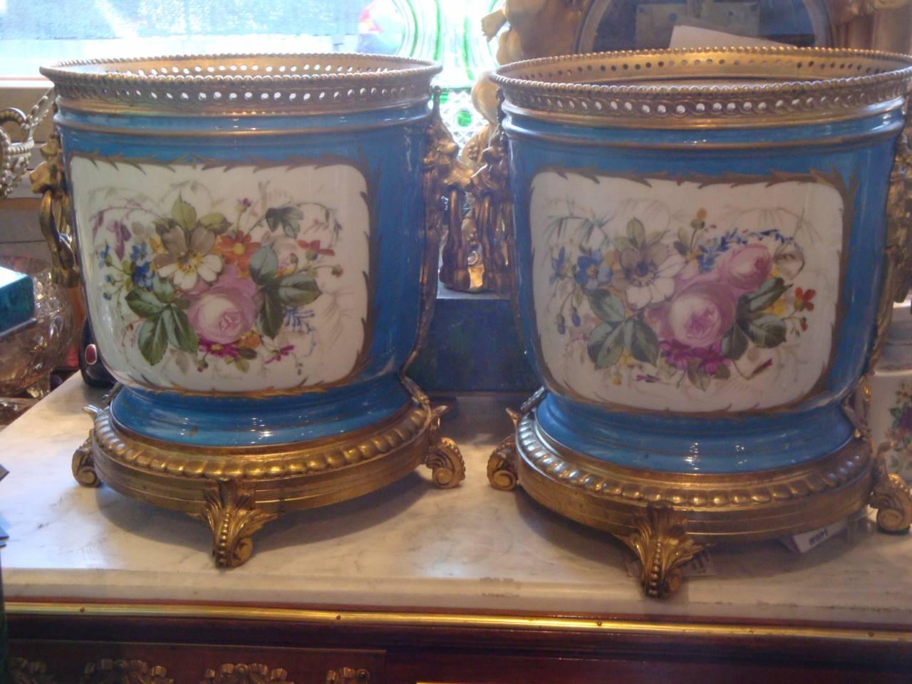 Large Palacial Size Exquisite Pair of Sevres, France, Porcelain Blue Vases In Good Condition For Sale In New York, NY