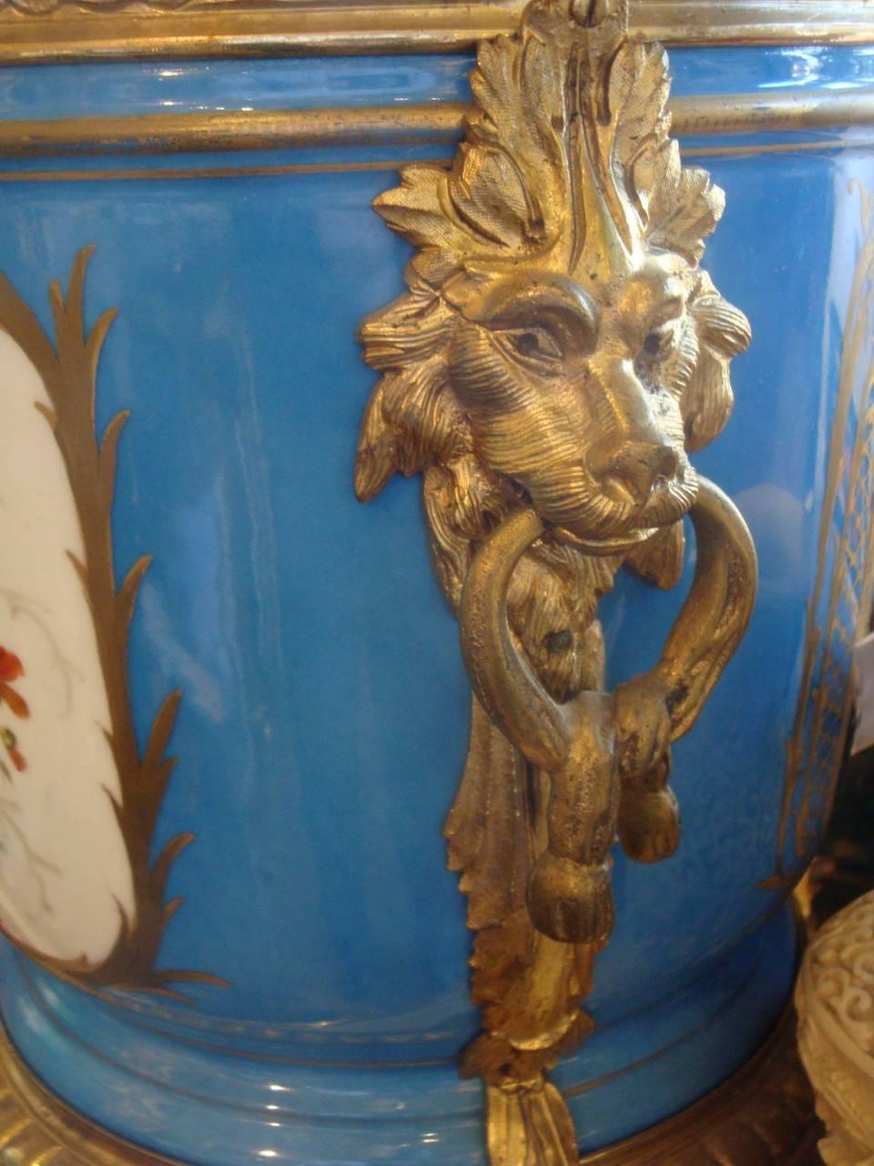 19th Century Large Palacial Size Exquisite Pair of Sevres, France, Porcelain Blue Vases For Sale