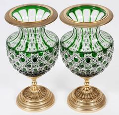 Exquisite Pair of Rare Beautiful Empire Green Crystal Baccarat Style Vases Urn