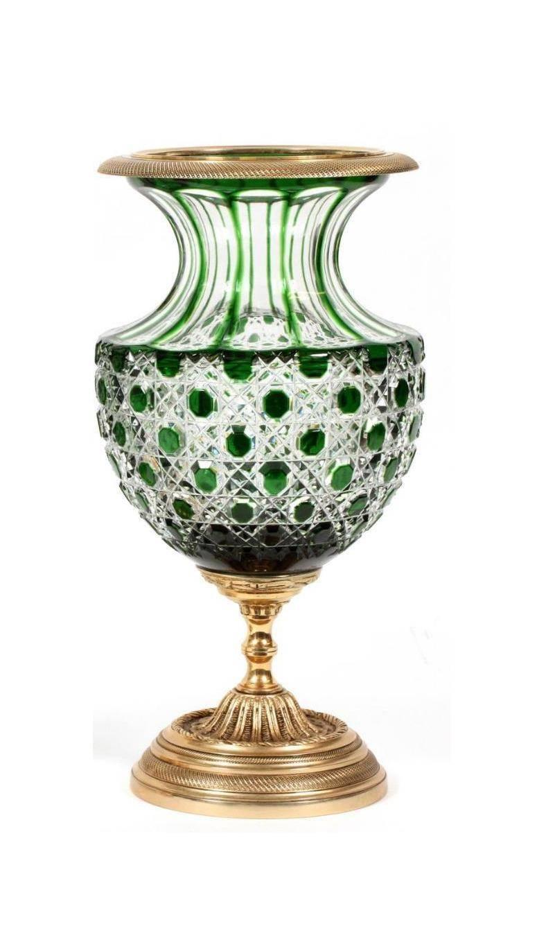 Exquisite Pair of Rare Beautiful Empire Green Crystal Baccarat Style Vases Urn In Good Condition For Sale In New York, NY