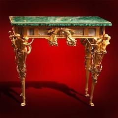 Pair of Rare European Empire Style Malachite and Gold Doré Bronze Agate Tables