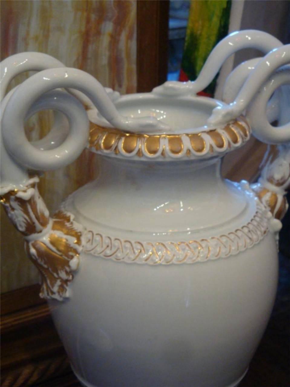 French Pair of 19th Century White Gilt Meissen Porcelain Vases with Snake Serpents For Sale