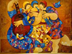 Rare Large Deluxe Framed Oil Music Dance Trio Painting with 24-Karat Dorit Levi