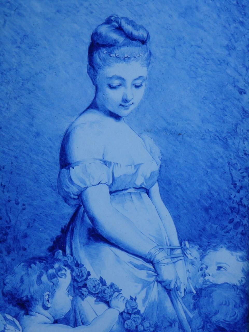 A beautiful Museum quality painting on porcelain of a woman surrounded by Cherubs holding Garland. Magnificently done with outstanding detail. Framed in a beautiful wooden frame, inscribed Ch. Chaplin. Taken out of the penthouse estate of the