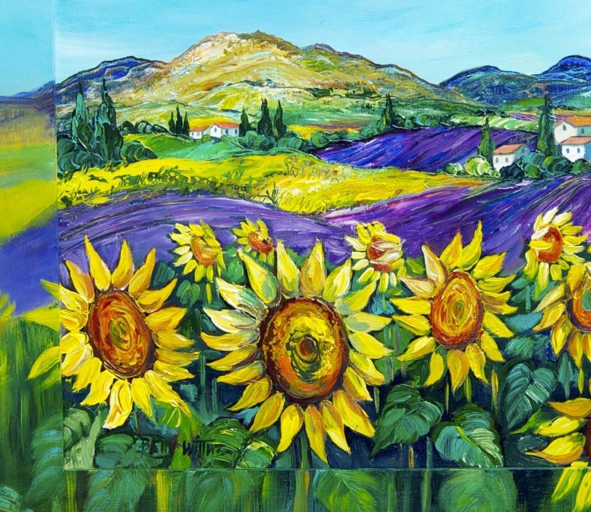 French Provincial French Provence Painting Sunflowers Lavender with Painted Frame Betty Wittwe For Sale