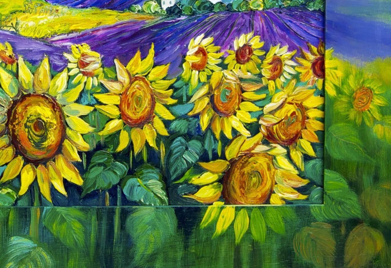 French Provence Painting Sunflowers Lavender with Painted Frame Betty Wittwe In Good Condition For Sale In New York, NY