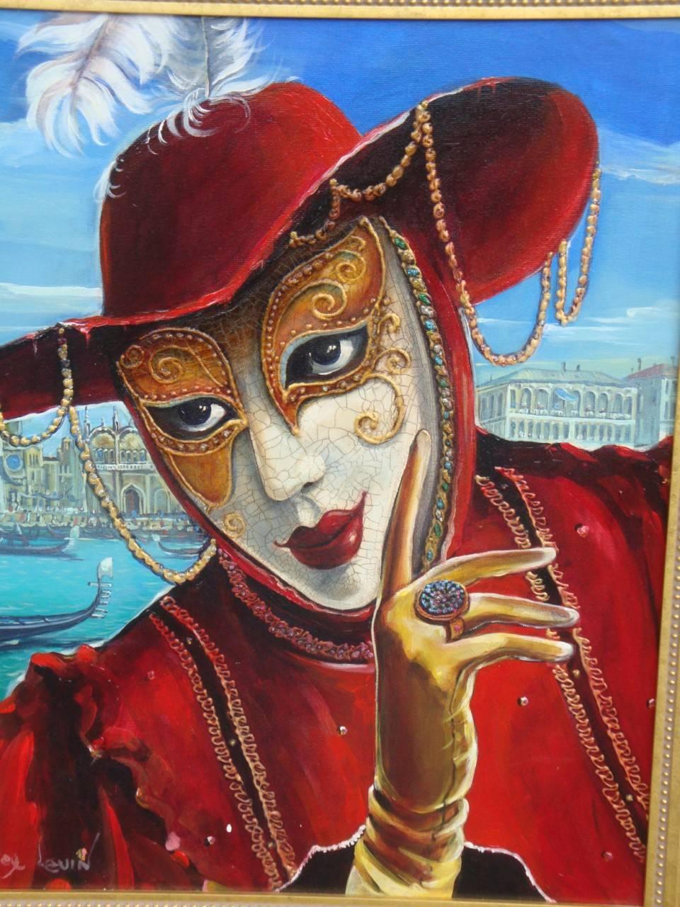 A beautiful rare estate museum quality painting on canvas of a masked figure in Venice, Italy. Titled 