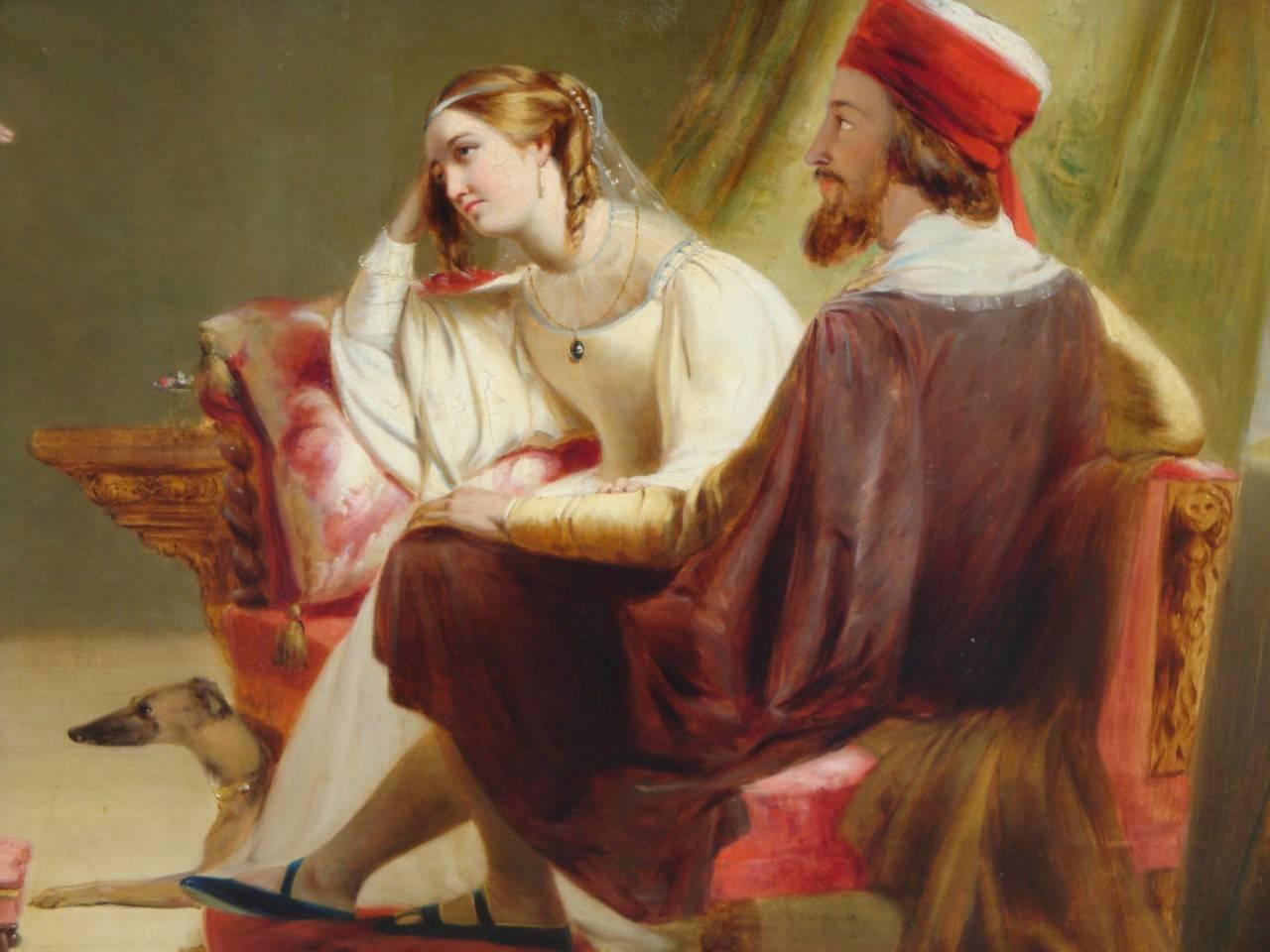 An outstanding beautiful rare old master 19th century painting of a maiden telling news to a couple. The maiden, resting one foot on stool and dressed in bell attire and scarf head band on hair, delivering news to a royal couple dressed elaborately