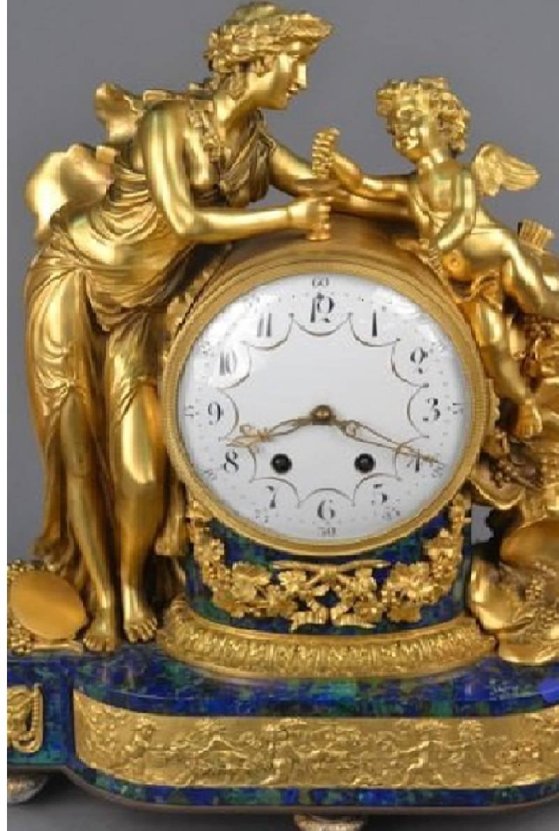 19th Century Museum Qty Gilt Bronze Lapis Malachite Cherub Cupid Psyche Clock For Sale 1