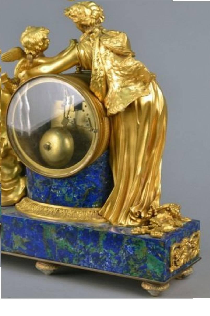 19th Century Museum Qty Gilt Bronze Lapis Malachite Cherub Cupid Psyche Clock For Sale 2