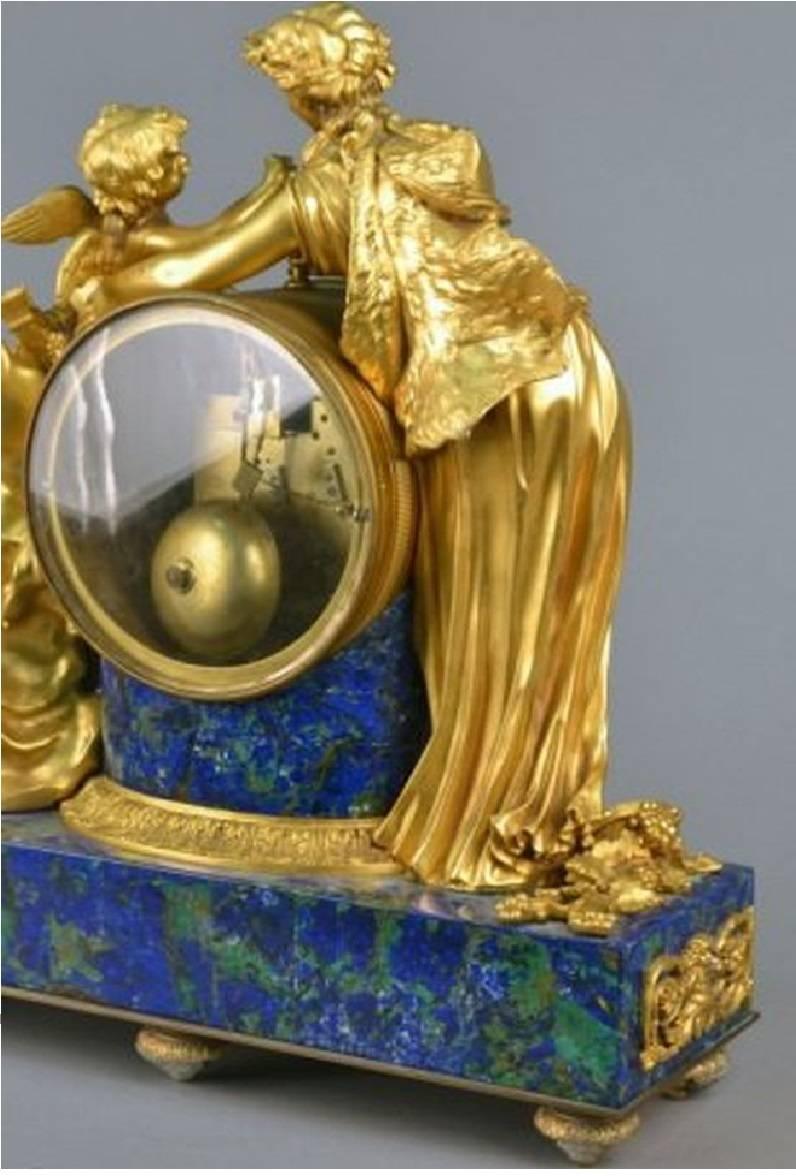 19th Century Museum Qty Gilt Bronze Lapis Malachite Cherub Cupid Psyche Clock For Sale 3