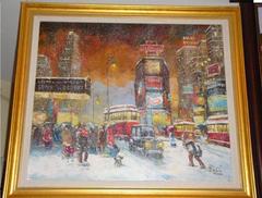 Original Framed 1932 New York Times Square Snow Painting by Robert Lebron