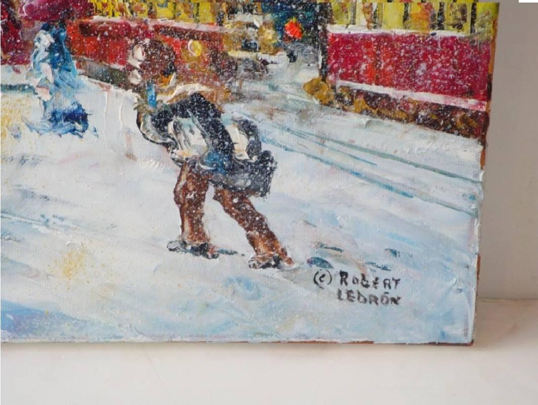 American Original Framed 1932 New York Times Square Snow Painting by Robert Lebron For Sale