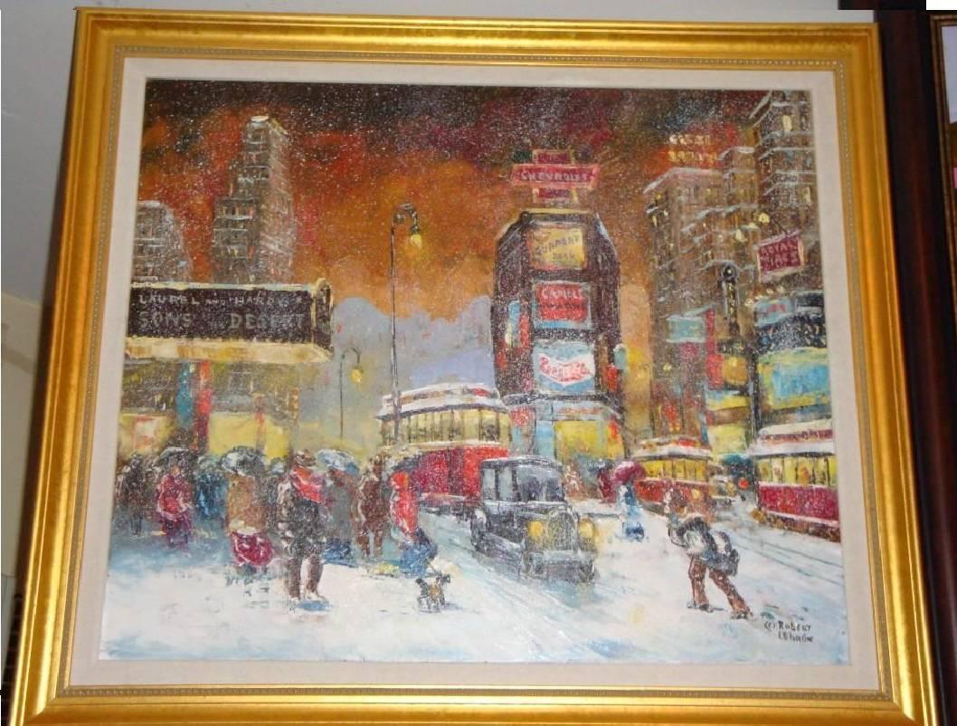 Original Framed 1932 New York Times Square Snow Painting by Robert Lebron For Sale 1