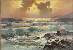 Magnificent Large Original Painting Ocean Sunset Scene by Alexander Dzigurski