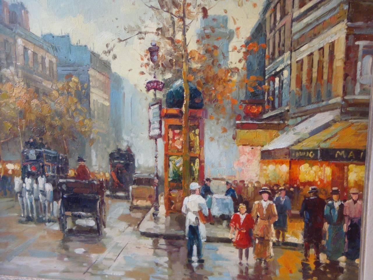 A rare original oil on wood painting taken from an exclusive collection by Artist Rambert(French). Painting showcases a Magnificent Paris Street Scene with horsedrawn coaches and buggies and people walking in the streets. Signed R Rambert. It is