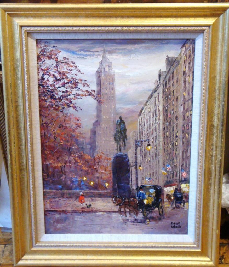 A beautiful rare deluxe original by Robert Lebron (1928-2013) showcasing Old New York City by Central Park showcasing the Plaza Hotel and Helmsley Hotels. Marvelously done with Outstanding and Amazing Intricate Detail Work! Signed on Lower Bottom