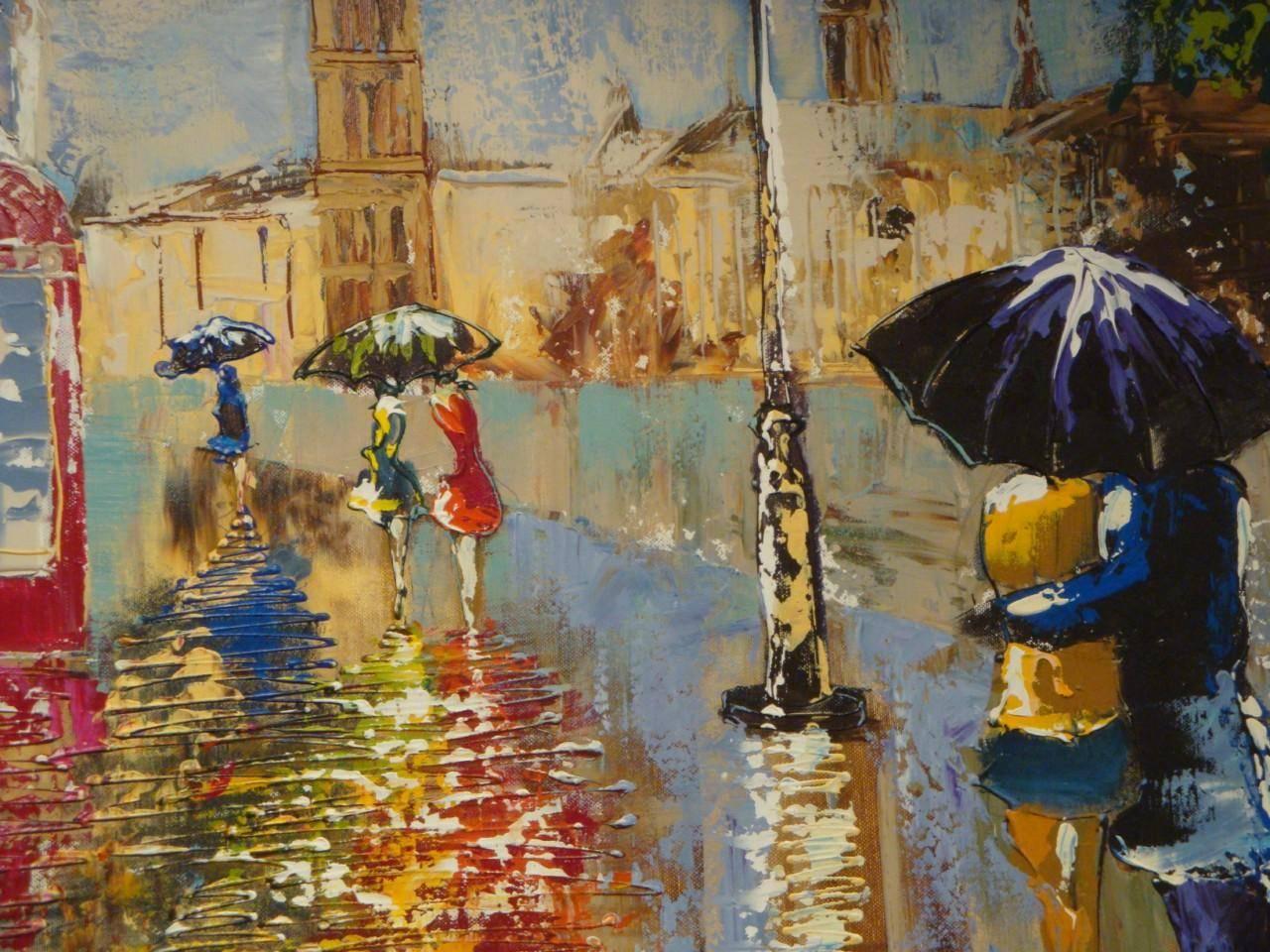 Large Original Framed London Big Ben Colorful Umbrella Painting S Kosman In Good Condition For Sale In New York, NY