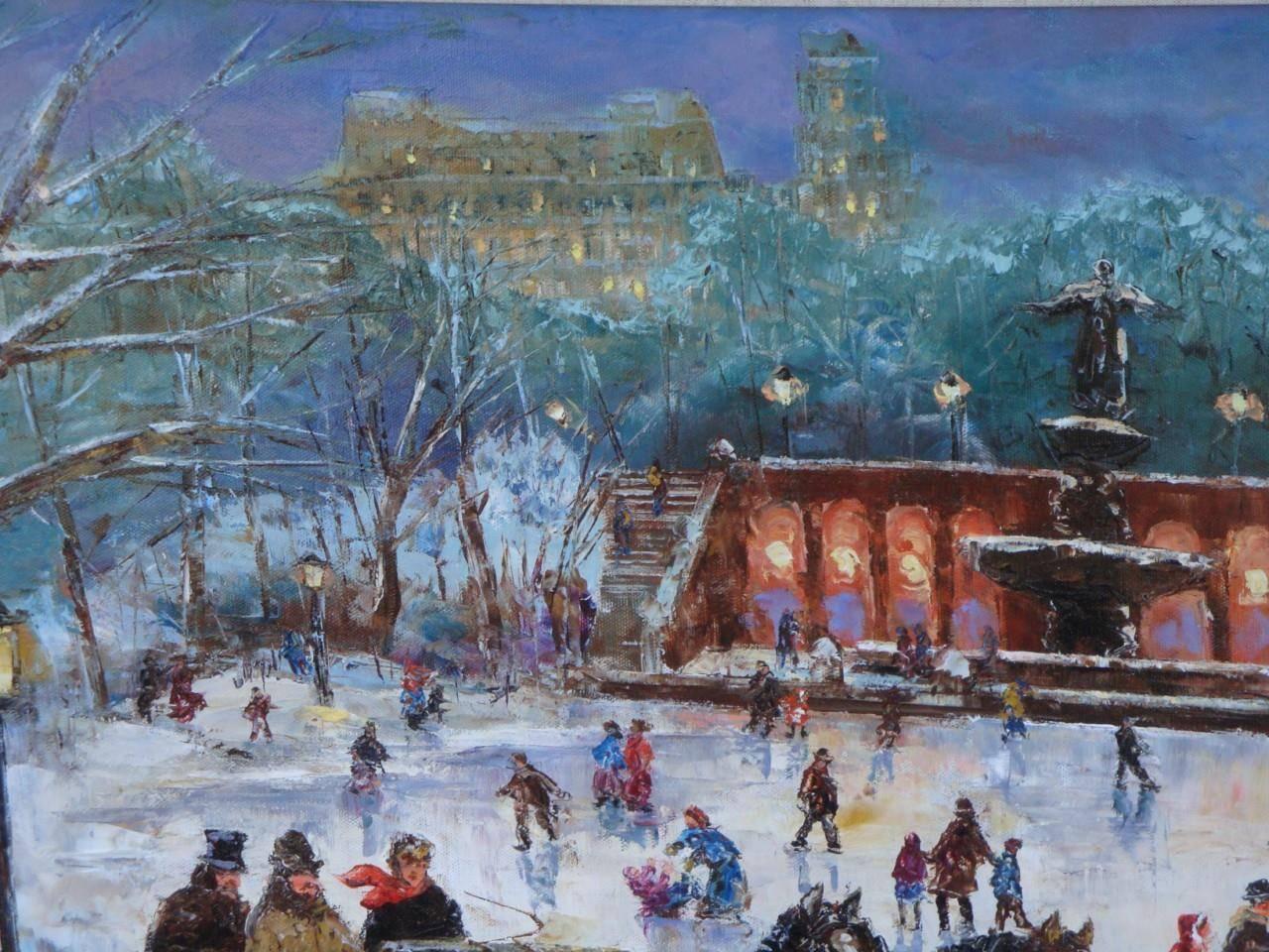 A beautiful rare deluxe original painting by Robert Lebron (1928-2013) of old New York city ice skating by central park showcasing the plaza hotel. Marvellously done with outstanding and amazing intricate detail work! Signed on lower bottom and
