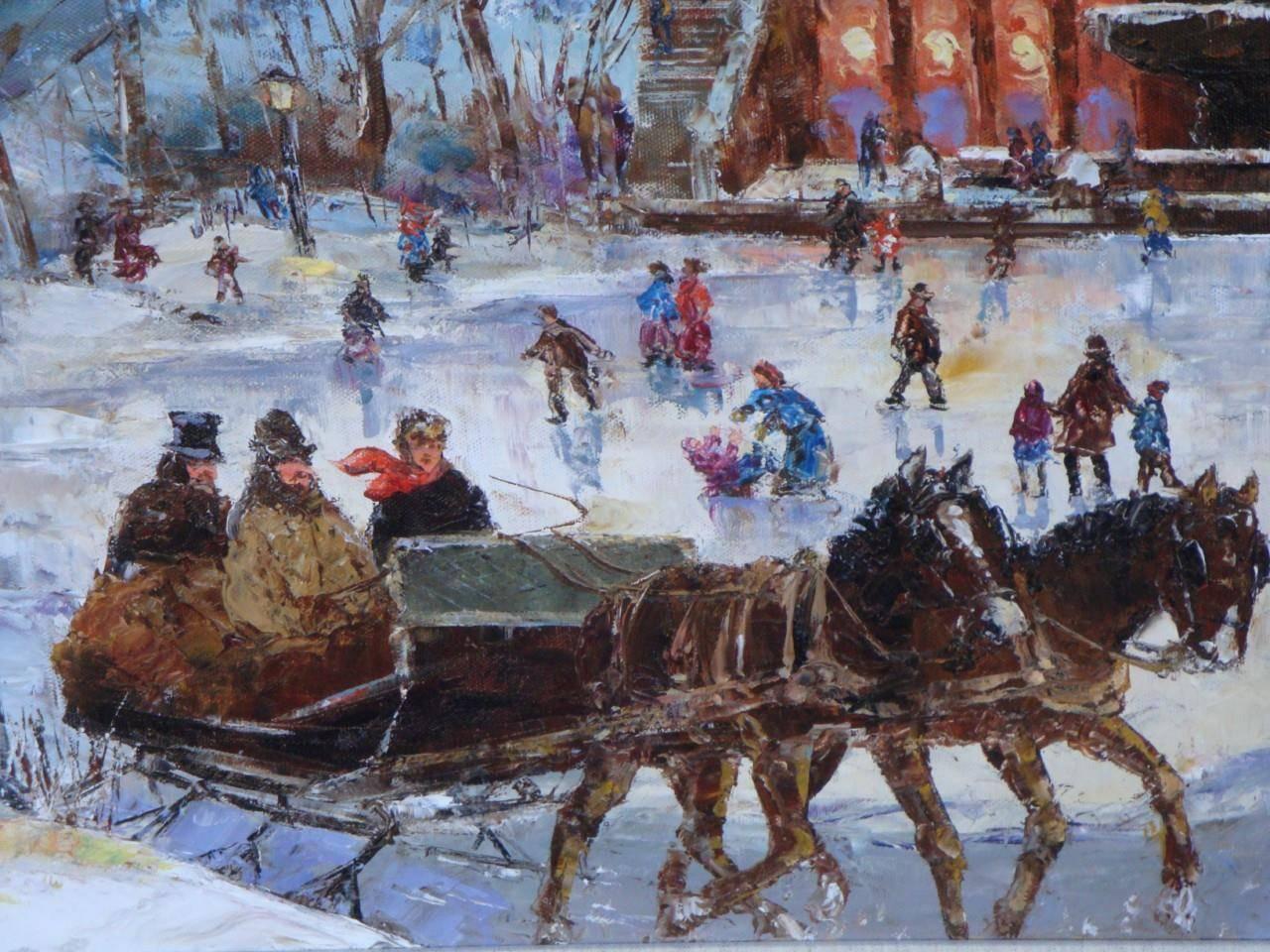 American New York City Central Park in Winter Painting by Robert Lebron, 1928-2013 For Sale