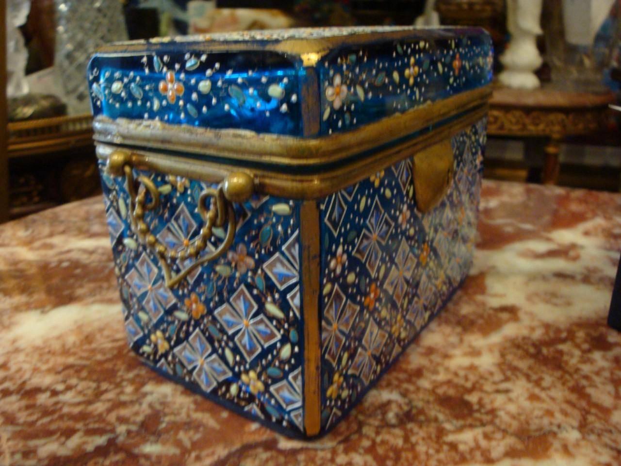 19th Century Hinged Glass Platinum Blue White Floral Moser Box For Sale 1
