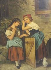 Genre Scene G. Spiro Oil Painting Two Girls Passing a Note