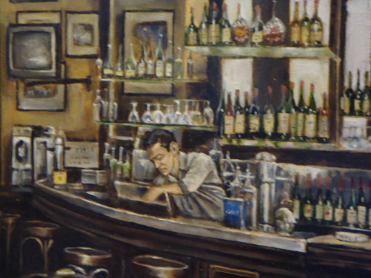 A magnificent rare original oil on canvas painting. Signed by artist Harry McCormick. Painting features the famed NYC restaurant bar titled 