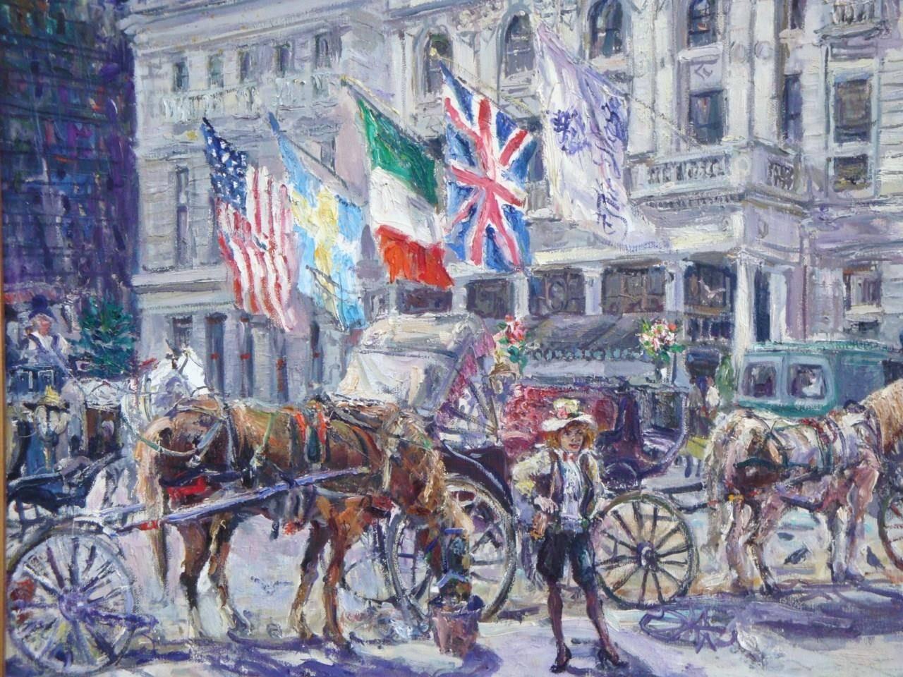 A spectacular original oil on canvas painting by world renowned Russian artist Valery Tsarikovsky (TSAR). Painting showcases The Legendary Landmark Plaza Hotel in New York City with Beautiful Horse and Carriages. Signed and dated on lower bottom and