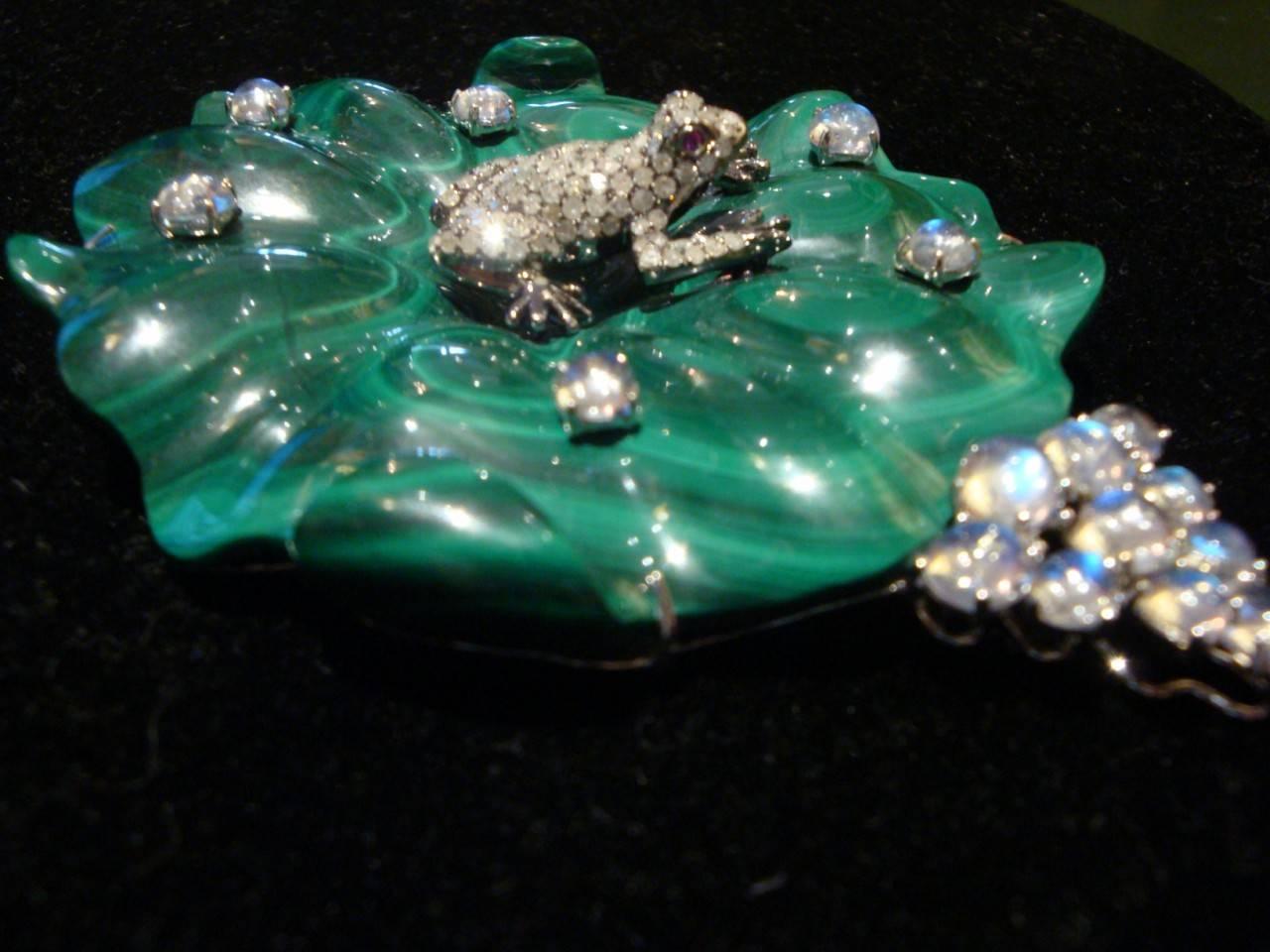 European Rare 18-Karat Large 11-Carat Aquamarine Diamond and Malachite Frog Pendant For Sale