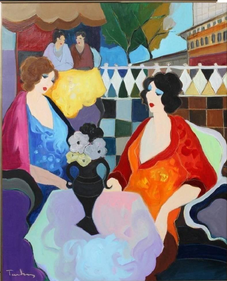 A rare important original painting with women sitting outdoors. Signed by Itzchak Tarkay (1935-2012) originally purchased at Park West Gallery in 1994. Taken from an Important Private Estate collection. Beautifully done with exquisite and astounding