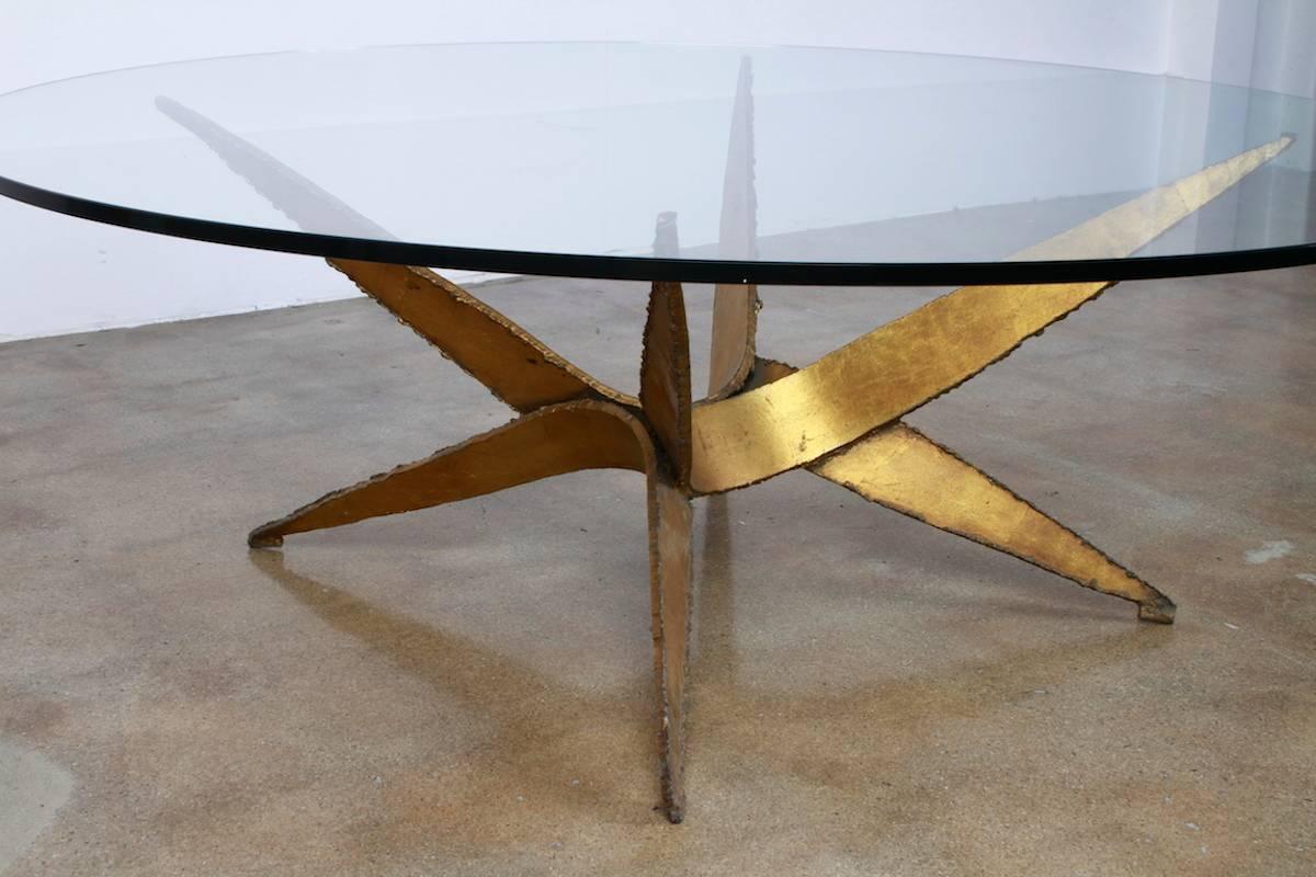 Silas Seandel Brutalist Coffee Table with Round Glass Top In Good Condition For Sale In Los Angeles, CA