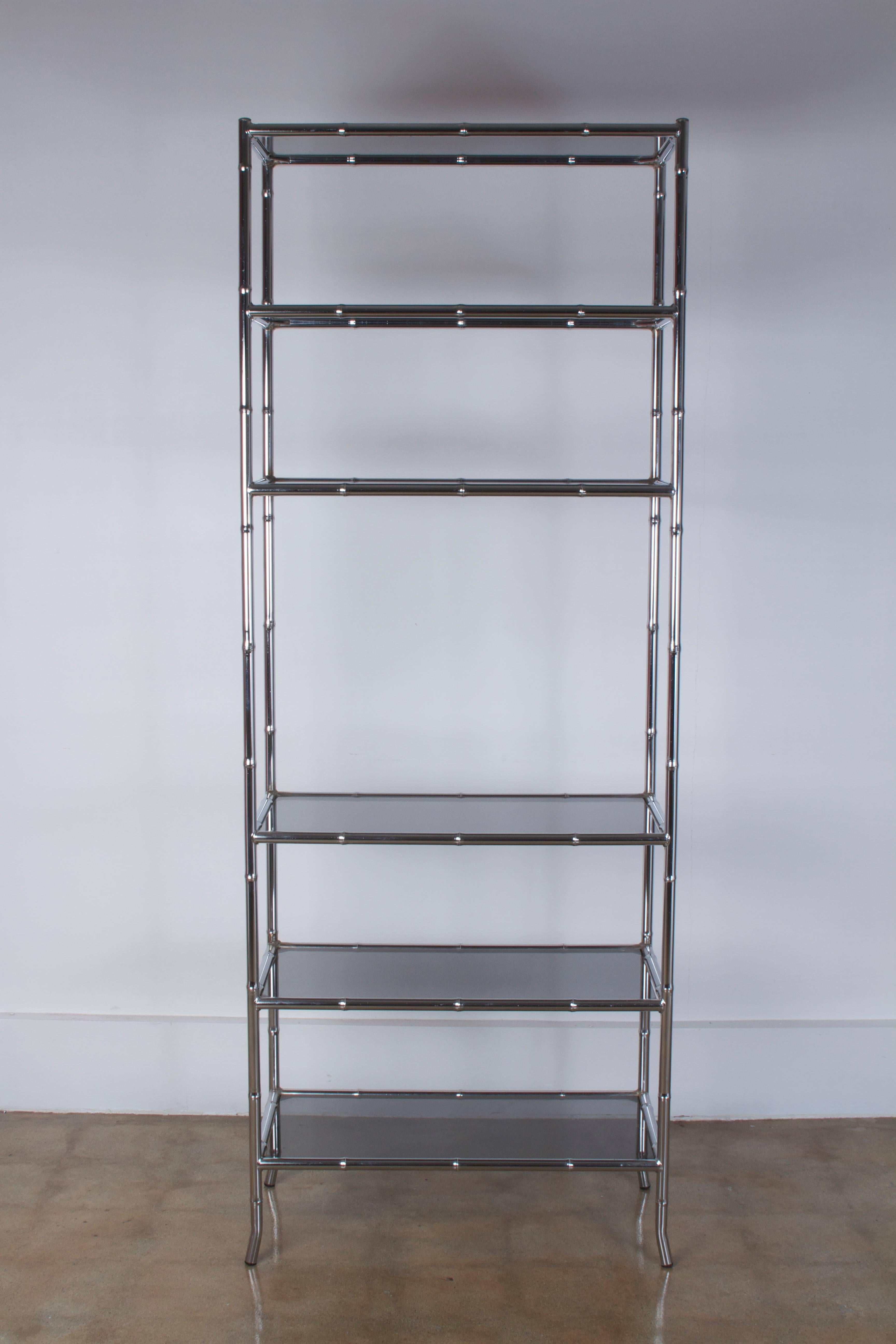 Mid-Century Modern Chrome Chinoiserie Etagere with Smoke Glass Shelves For Sale