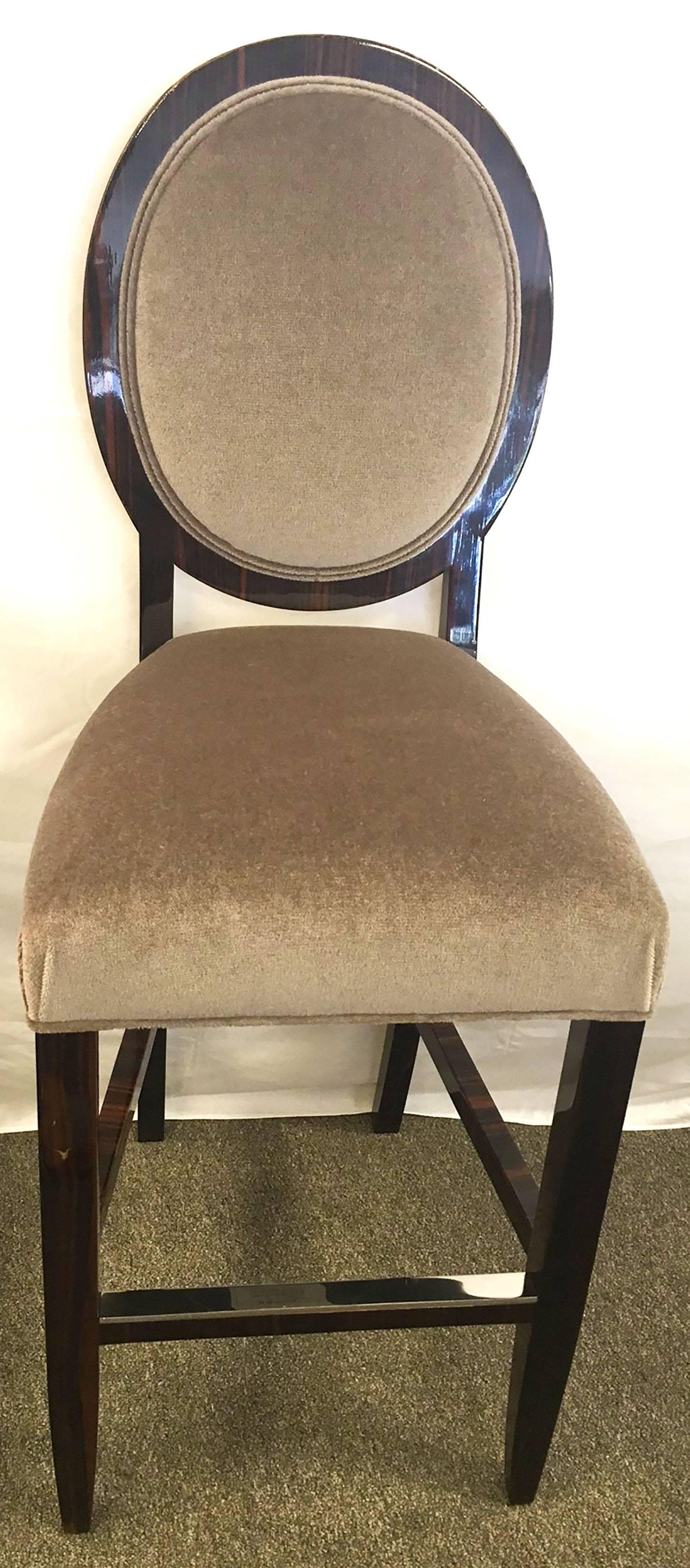 Designed by Sally Sirkin Lewis, these high-polish, rosewood finish barstool feature gray mohair on a tight back, double welt oval back. Back is also tight, double welt mohair. Tight, pin-tucked seat featuring single welt mohair of same color. Frame