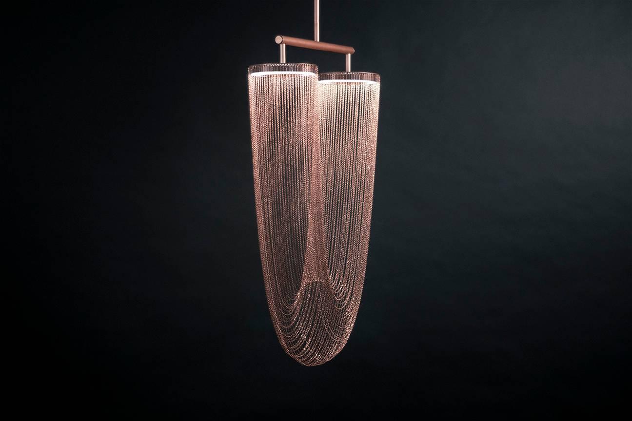 Plated Otero Small Chandelier In Aged Copper with Copper Chains by Larose Guyon For Sale