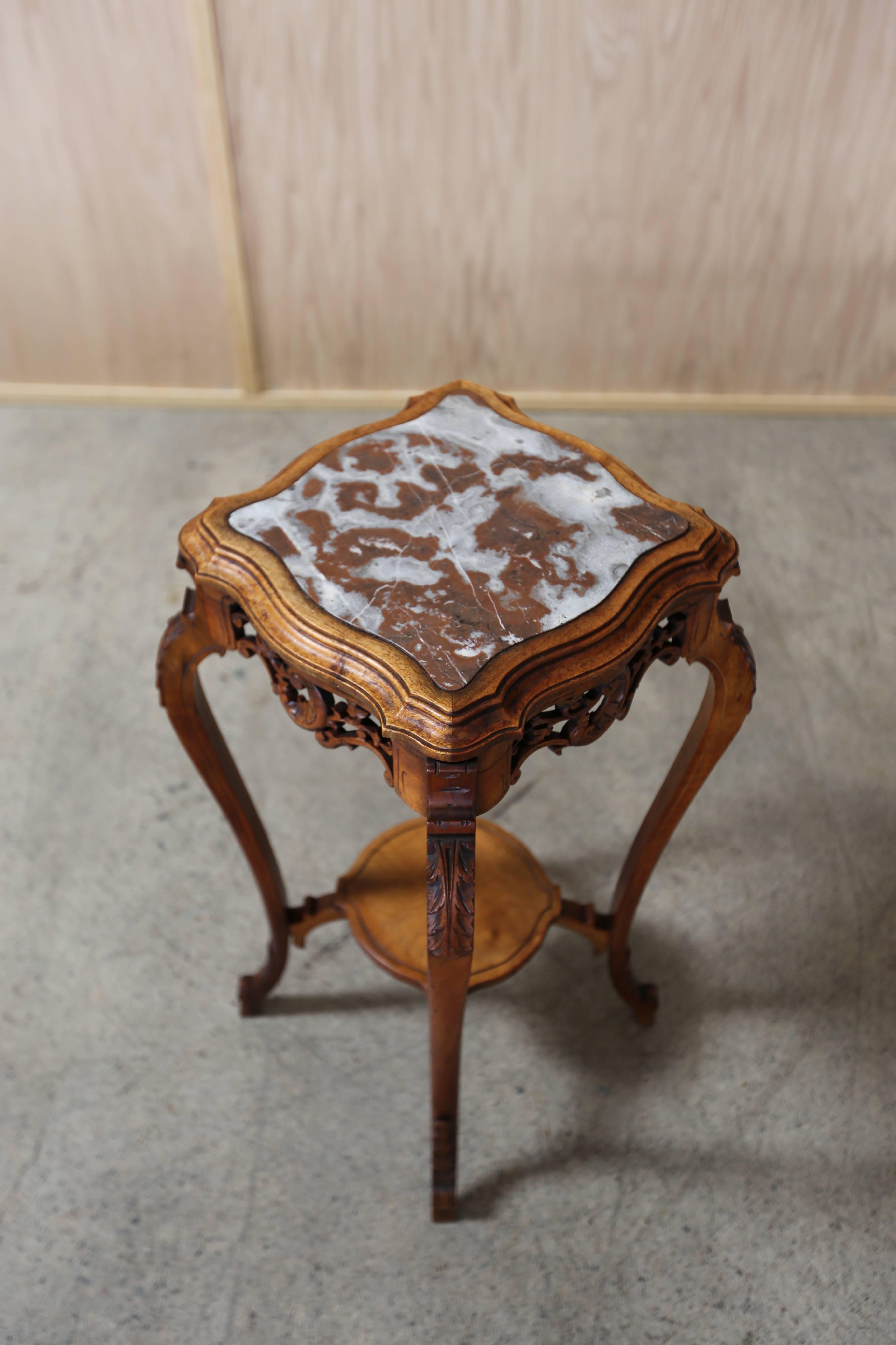 Antique Hand-carved Louis XV style plant stand with rouge marble top.