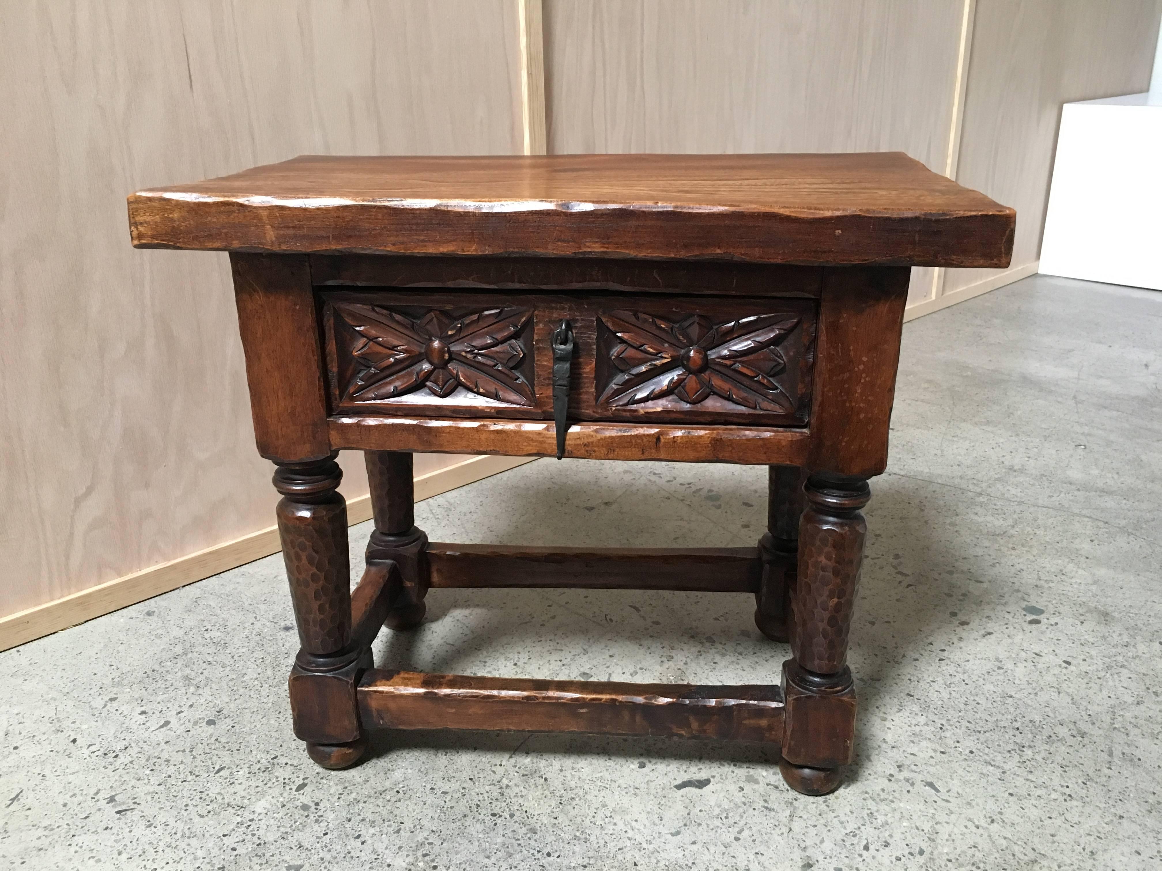 Antique Gothic style end table hand-carved with Iron drawer pull.