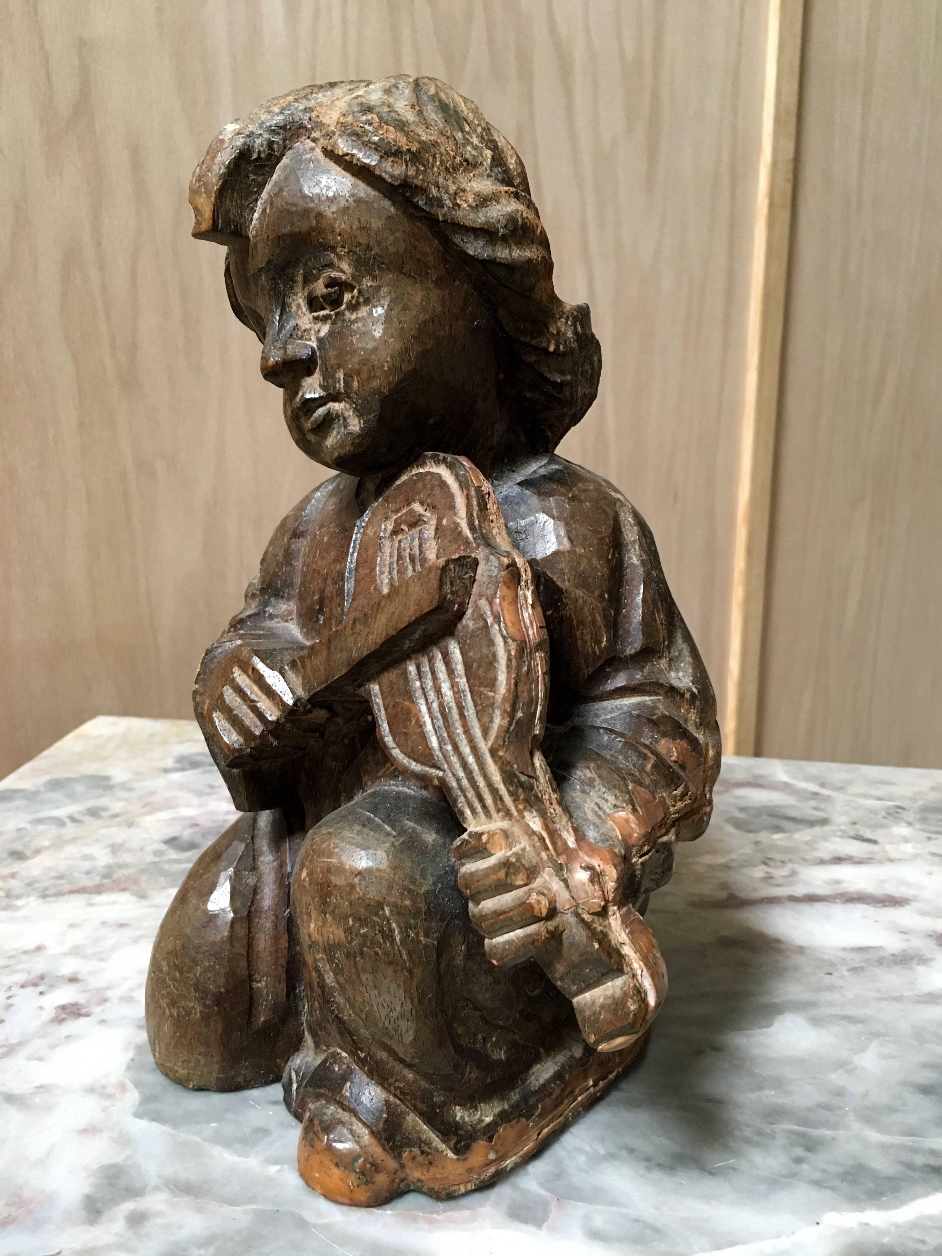 Country 19th Century Hand-Carved Statue of Boy Playing Violin For Sale